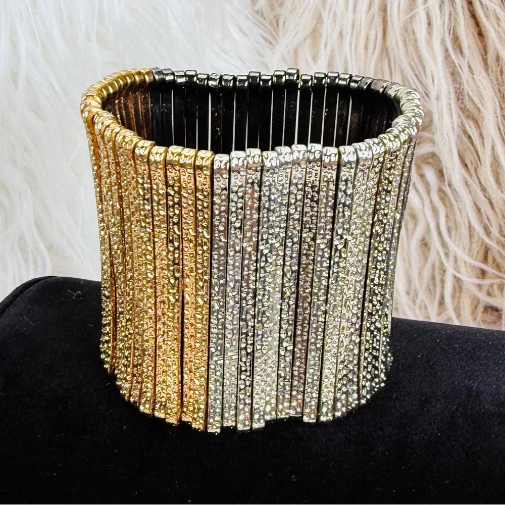 Silvertone aged Goldtone, black gunmetal wide band stretch bracelet